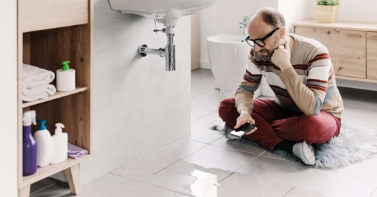 Sad man looking at a water leak