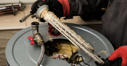 Electric water heater heating element covered in limescale and sediment buildup