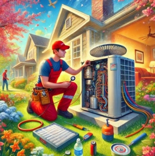 technician performing maintenance or repair on an outdoor AC unit.